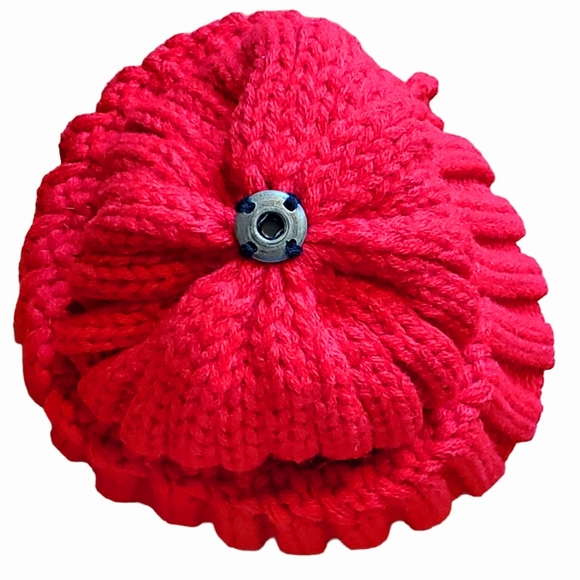 Red knit hat with single tan pom - Picture 5 of 6